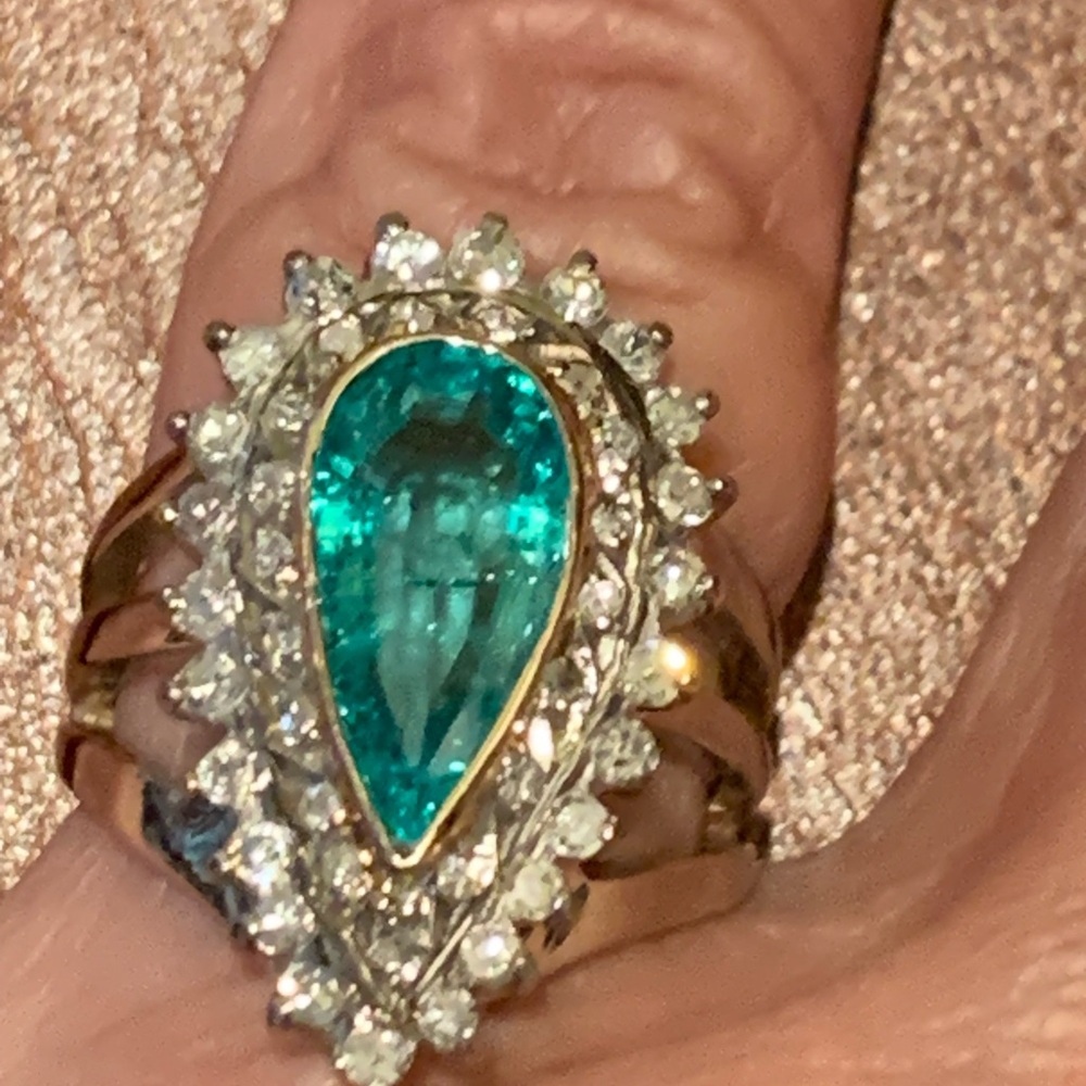 SOLD Vintage Estate Large Tear Drop Emerald And Diamond Halo Ring Sz 6.5